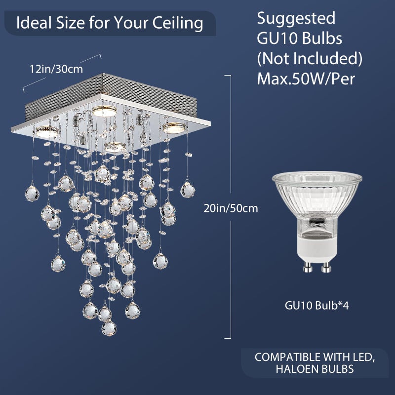 Bestier Chrome Modern Crystal Square Raindrop Chandelier Lighting Flush Mount LED Ceiling Light Fixture Pendant Lamp for Dining Room Bathroom Bedroom Livingroom 4 GU10 Bulbs Required 12" Wide 20" High - Image 3